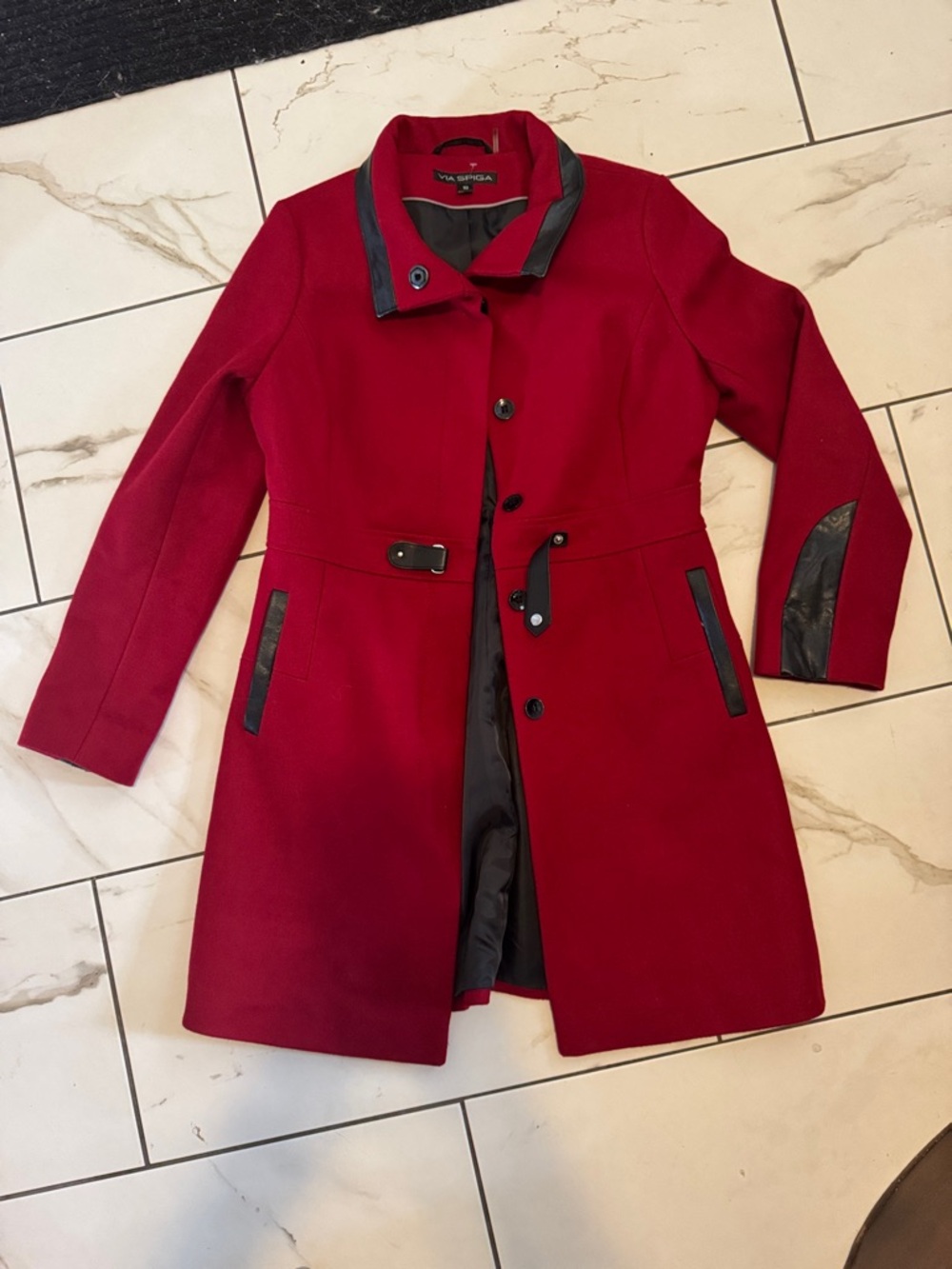 Via Spiga Red Wool Trench Coat with Black Trim